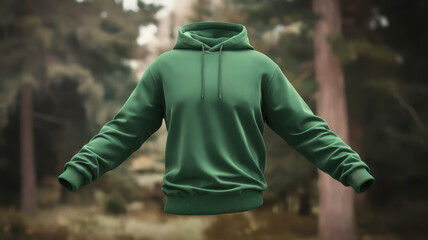 Green hoodie in a serene forest setting, showcasing a relaxed and casual style against a natural backdrop.