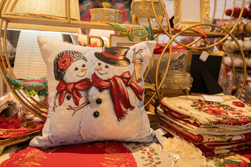 Fototapeta premium Various types of Christmas pillow and decoration for sale in the shopping mall.