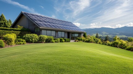 Obraz premium Home sustainability, Recycling, Environmental. A modern house with solar panels sits on a lush green lawn, surrounded by trees and mountains under a clear blue sky.
