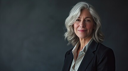 an image of a middle-aged woman in a business suit against a cool, slate gray background