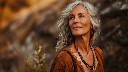a portrait of a middle-aged woman in a flowing, bohemian dress against a natural, earthy brown backdrop