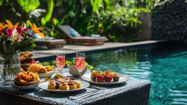 Tropical Poolside Brunch with Fruit and Pastries
