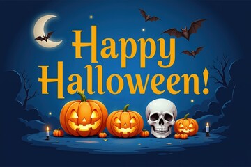 Happy halloween night with pumpkins, skull, bats, moon, and candles.