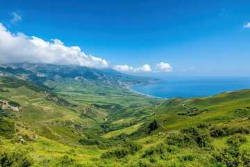 Deep mountain hiking. Atmospheric mountain landscape with great snow-covered pinnacle and snowy pointy peak in blue sky.. Beautiful simple AI generated image