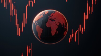 Globe Surrounded by Red Graphs Symbolizing Global Market Decline and Economic Challenges, Featuring Digital Elements Against a Dark Background
