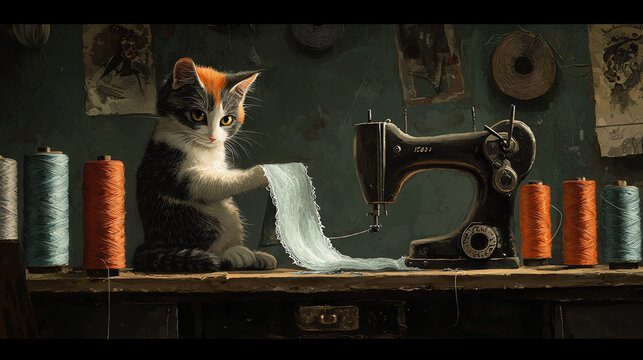 A curious cat at a sewing machine stitching colorful fabric in a cozy craft room on a bright afternoon