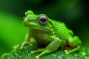 Obraz premium Close-up of a vivid green frog with glossy eyes sits perched on a lush leaf, capturing nature’s intricate details and beauty.