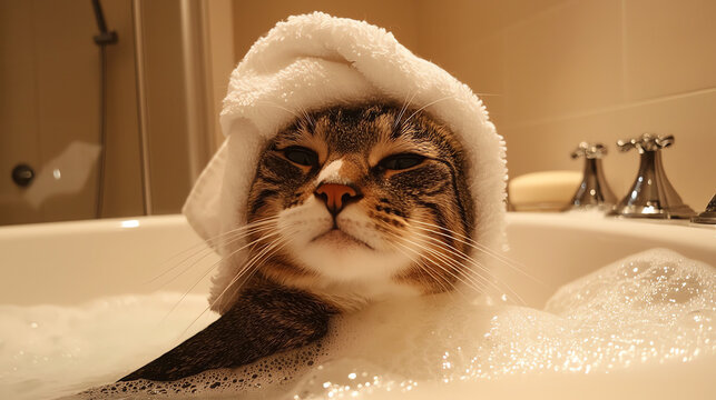 A curious cat enjoys a bubble bath while wrapped in a towel, showcasing its playful demeanor and relaxation in a cozy bathroom setting