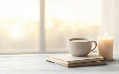 calming setup featuring cup of coffee, meditation book, and candle creates serene atmosphere for relaxation and mindfulness. coffee and health concept