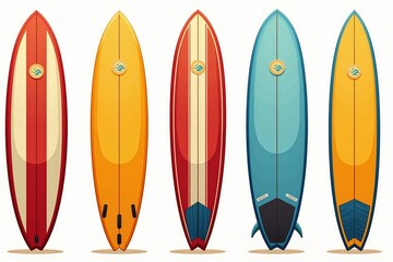 Colorful surfboards aligned in a row showcasing vibrant beach and surf culture.