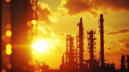 Obraz premium Petrochemical Plant at Sunset with Glowing Pipes