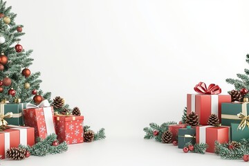 Christmas gifts with red and green boxes, ribbon bows, pine cones, and tree on white background, wide view with space for text.