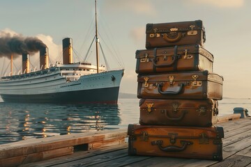 Fototapeta premium Historic luggage stacked on a dock with a large ocean liner in the background during sunset