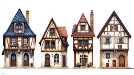 Fototapeta premium Medieval Architecture: Row of Four Unique and Diverse Houses with Distinctive Designs and Styles on Display