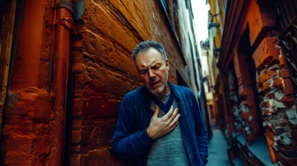 Naklejka premium senior man felt severe pain in the heart area while walking and doing sports, standing in the park and holding his chest with his hands.