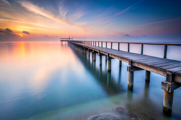 Fototapeta premium A serene pier extends into a calm sea, reflecting vibrant sunset colors against a tranquil sky, creating a peaceful and picturesque landscape.