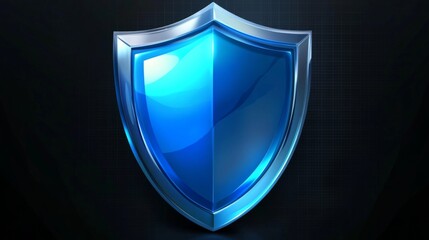 Blue shield digital illustration on black background with modern design and grid pattern for minimalist concept.