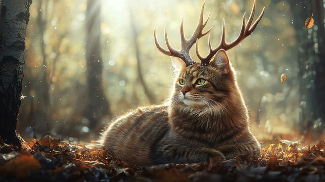 A cat with deer antlers resting gracefully among autumn leaves in a serene forest during golden hour