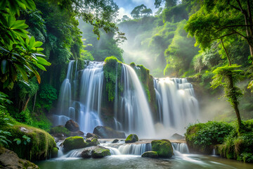 A serene waterfall cascading through lush greenery, surrounded by mist, creating a tranquil and picturesque natural landscape.