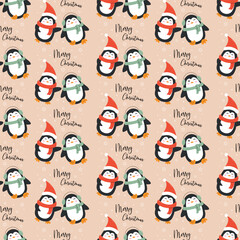 A seamless vector pattern featuring adorable Christmas penguins , ideal for fabric prints, wrapping paper, and holiday crafts.