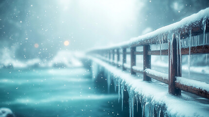 snow-covered bridge spanning a frozen river, symbolizing connection, tranquility, and overcoming obstacles in a winter landscape of serenity and calm