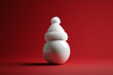 Minimalist product photography with red background, featuring Christmas ornament and white Santa hat in elegant lighting.