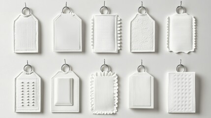 Collection of Nine Unique White Tags Hanging on Wall in Grid-like Pattern with Scalloped Edges and Silver Hooks.