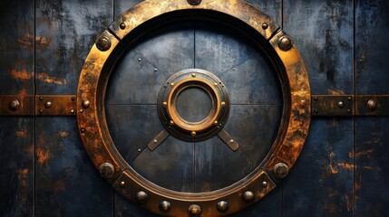 Fototapeta premium Vintage industrial metal door with porthole and peeling paint, rust, and gold lock plate detail in close-up view.