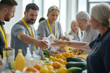 Poor people getting food aid at a charity center. Helpful volunteers give a senior man a box with pasta, oil, canned food and other stuff. Donation, poverty, help concept, Ai