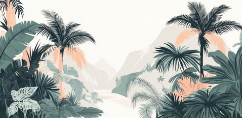 Vintage tropical rainforest, gray tones, plants and palm trees, vintage background