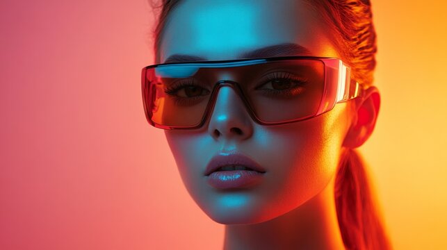 Stylish woman in vibrant glasses with dynamic lighting