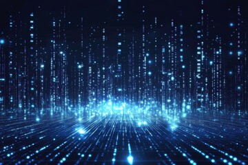 Futuristic Technological Landscape: Abstract digital art with grid pattern of lines and glowing blue dots in dark setting.