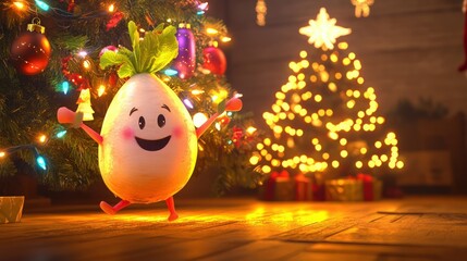 A playful radish, adorned with Christmas lights, dancing energetically in front of a glowing Christmas tree. The decorations shimmer on the tree.