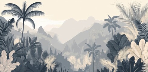 Vintage tropical rainforest, gray tones, plants and palm trees, vintage background