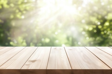 Sunlit wooden tabletop overlooking blurred green forest background for product display