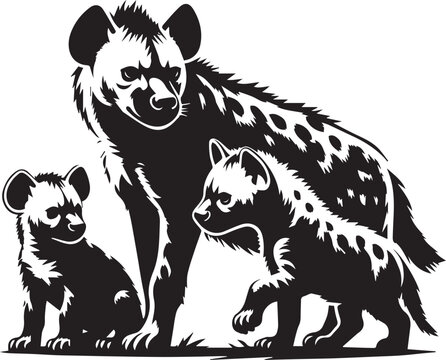 A mother hyena with two cubs playing around her vector silhouette design