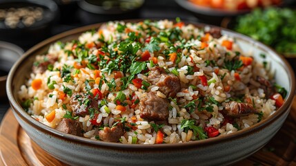 cooked rice with vegetables and meat