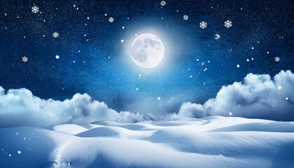 Christmas night background with clouds, moon and falling snow. Winter landscape. Vector illustration