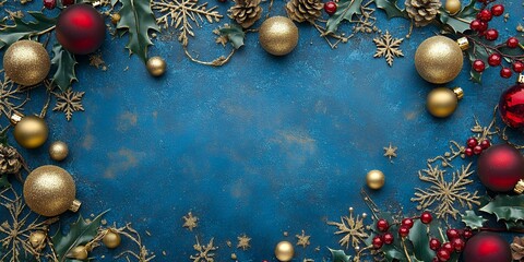 Festive Holiday Decorations Arranged on a Blue Background Featuring Ornaments, Pinecones, Berries, and Snowflakes, Creating a Cheerful Atmosphere for Seasonal Celebrations