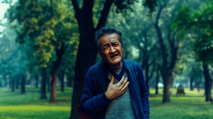  senior man felt severe pain in the heart area while walking and doing sports, standing in the park and holding his chest with his hands