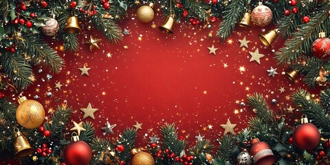 Festive Holiday Decoration Featuring Gold and Red Ornaments, Pine Branches, and Shimmering Stars on a Vibrant Red Background