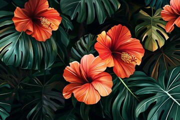 Vibrant Hibiscus Blooms Amidst Lush Green Foliage
