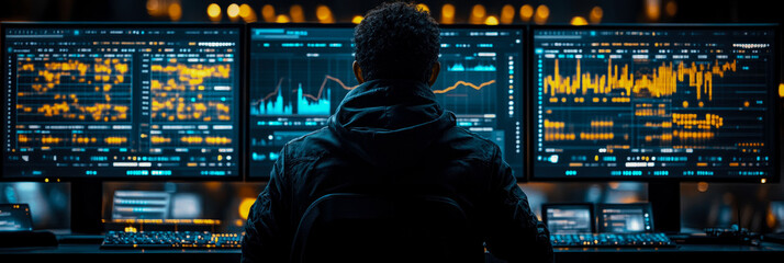 In a dimly lit office, a data analyst studies intricate financial data displayed on multiple monitors, focused on making sense of trends