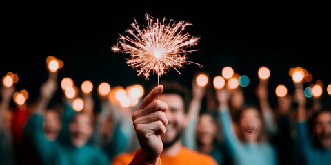 Burning golden sparkler people bokeh background celebration happy holiday