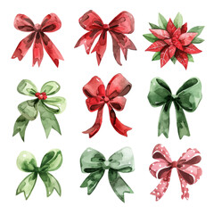 A watercolor clipart of a set of Christmas bows, isolated on a white background. Christmas bows vector.