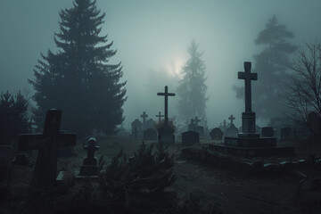Fantastically mysterious cemetery with tombstones and scary atmosphere