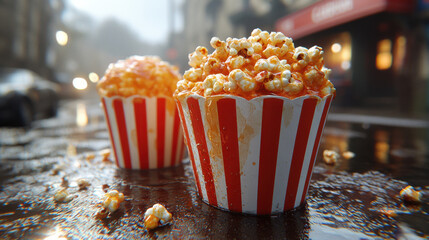 Popcorn in striped containers on wet street, evoking cozy movie night atmosphere. vibrant colors and texture create delightful visual treat