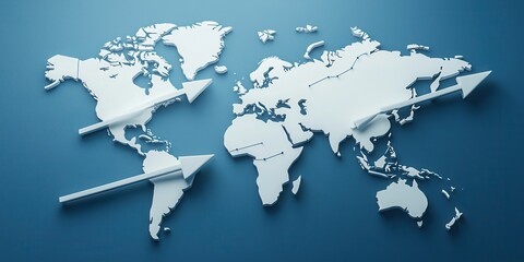 White Three-Dimensional World Map with Arrows Illustrating Global Expansion and Connectivity on a Soft Blue Background, Symbolizing International Growth and Reach