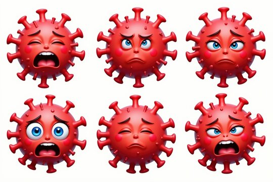 Colorful red virus characters with different emotional expressions - cartoon faces and animated styles.