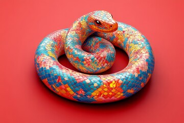 Obraz premium Colorful snake coiled in an O-shape with traditional patterns on its body, set against a red background, symbolizing good luck for China's New Year celebration.